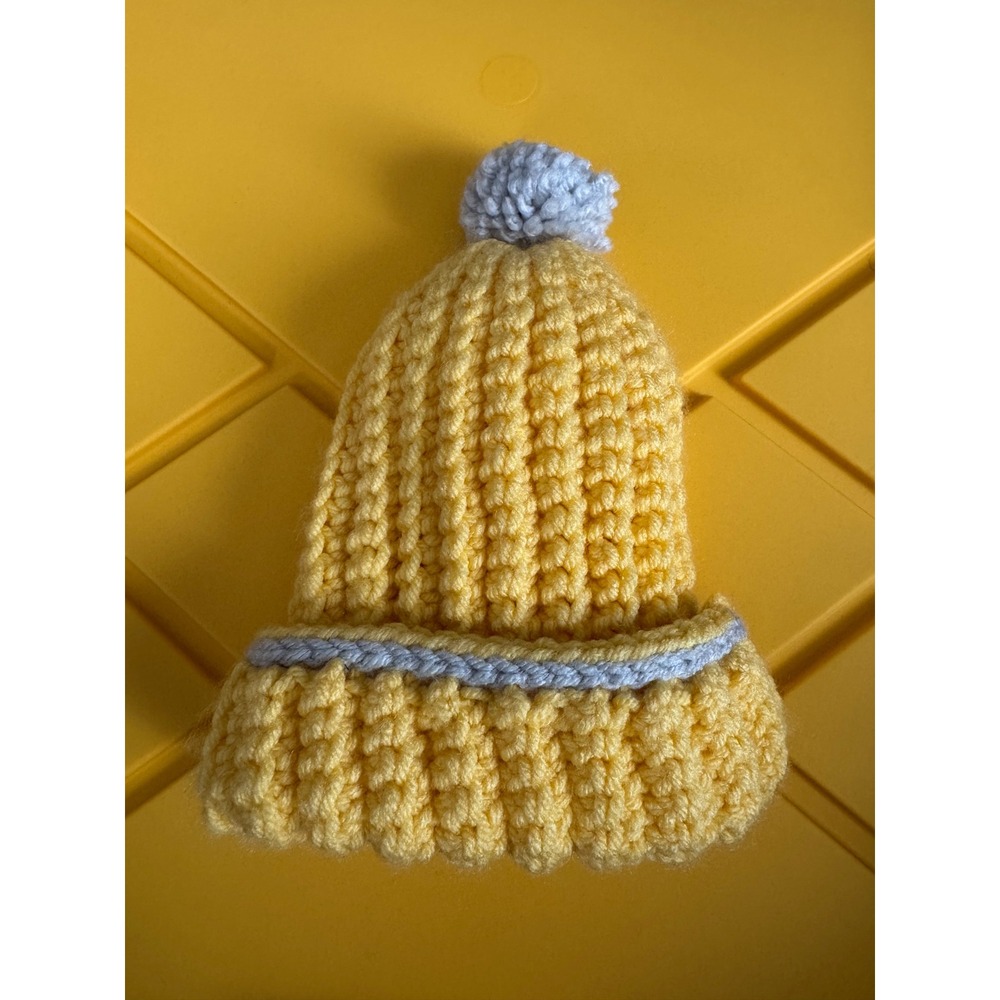 Handmade Kids Chunky Knit Beanie Yellow Grey Pom Pom Ribbed Winter Hat